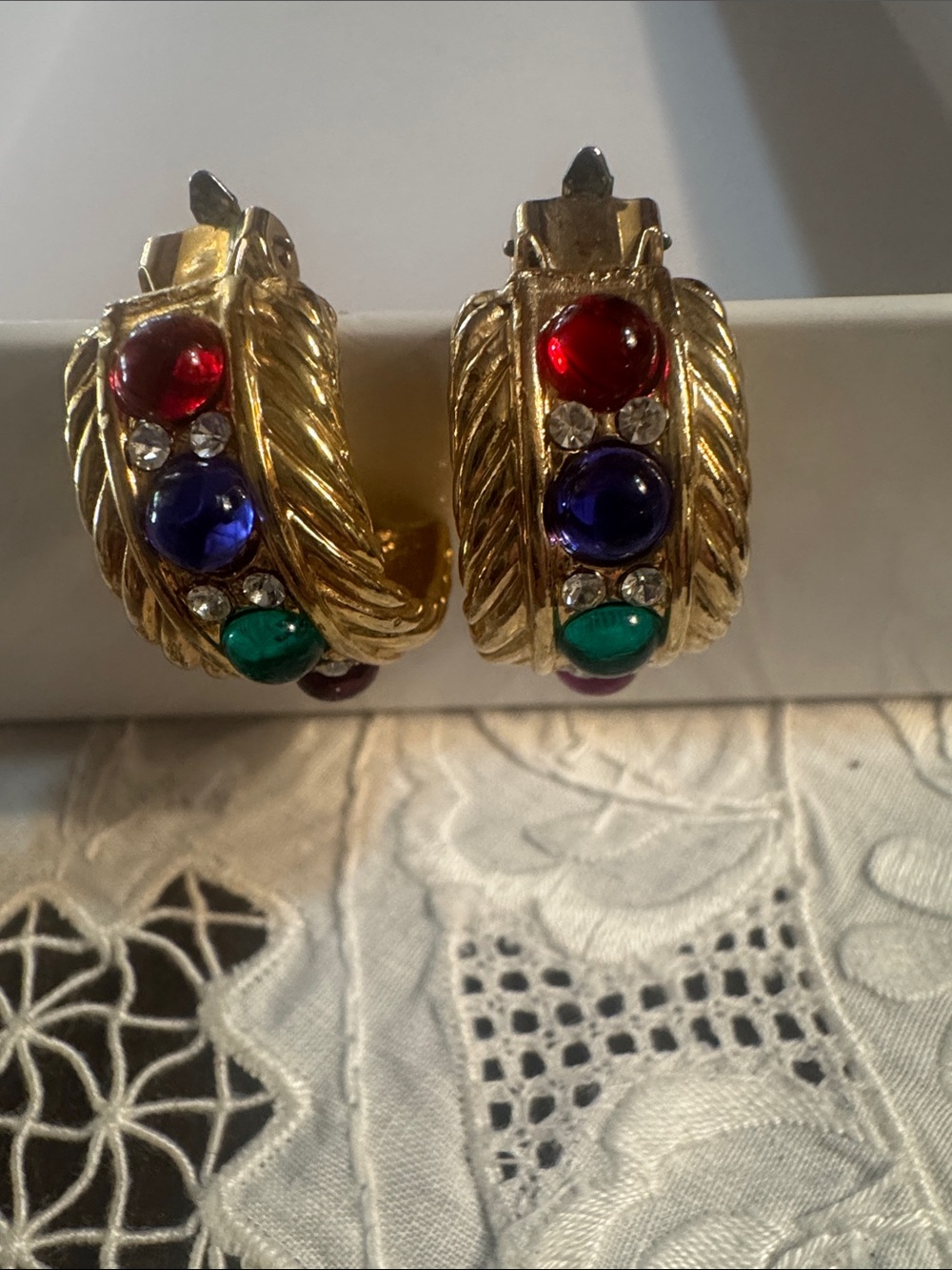 Gold-Tone Multicolor Cabochon Hoop Earrings — Red, Blue & Green